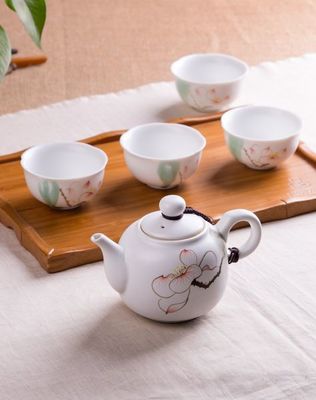茶人嶺·花開見(jiàn)禪 禪定手繪白瓷茶具茶盤6件套鑒賞